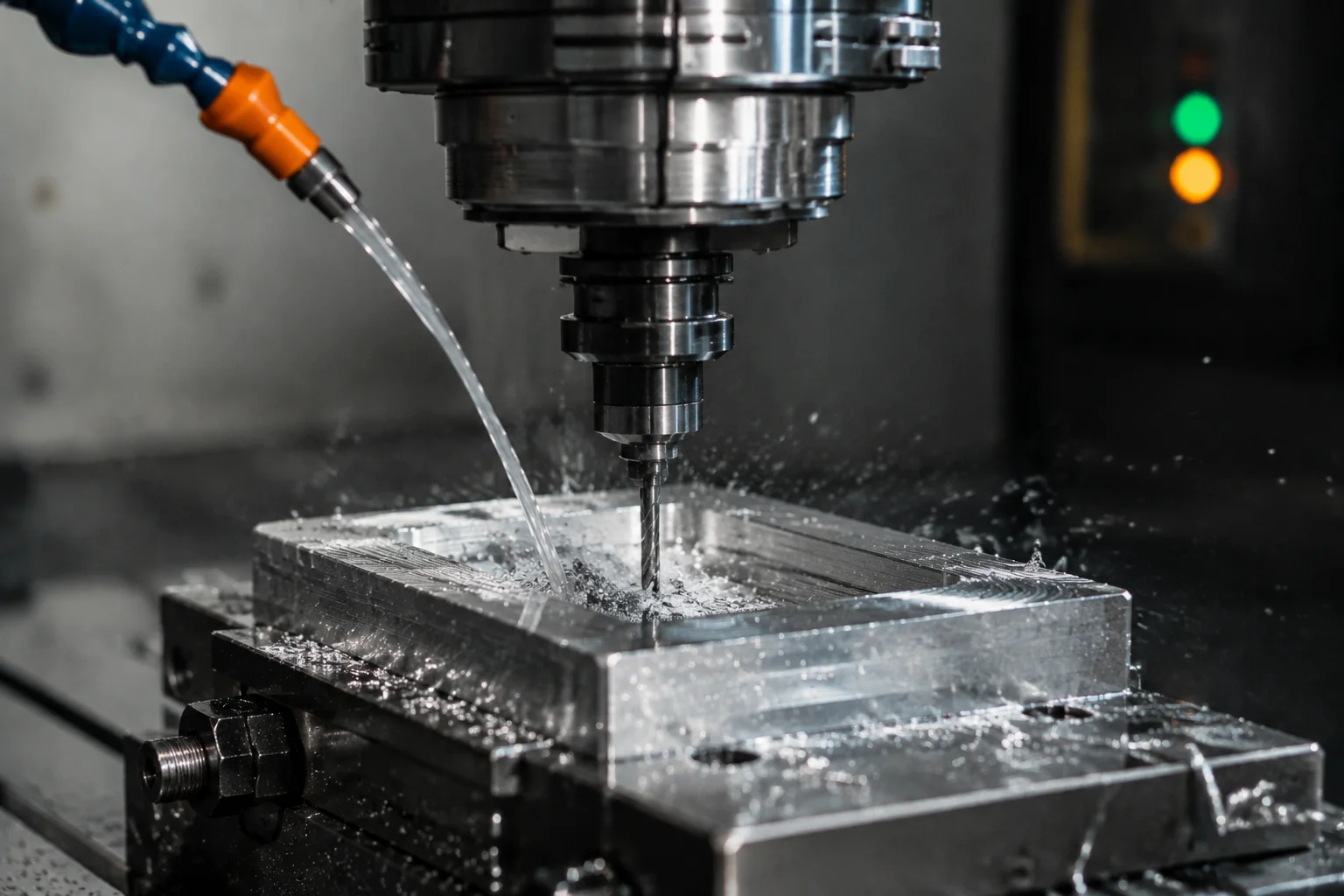 CNC 立铣刀正在切削铝合金块料,冷却液持续喷射并不断产生金属切屑——CNC 加工工艺特写 CNC 立铣刀正在切削铝合金块料,冷却液持续喷射并不断产生金属切屑——CNC 加工工艺特写