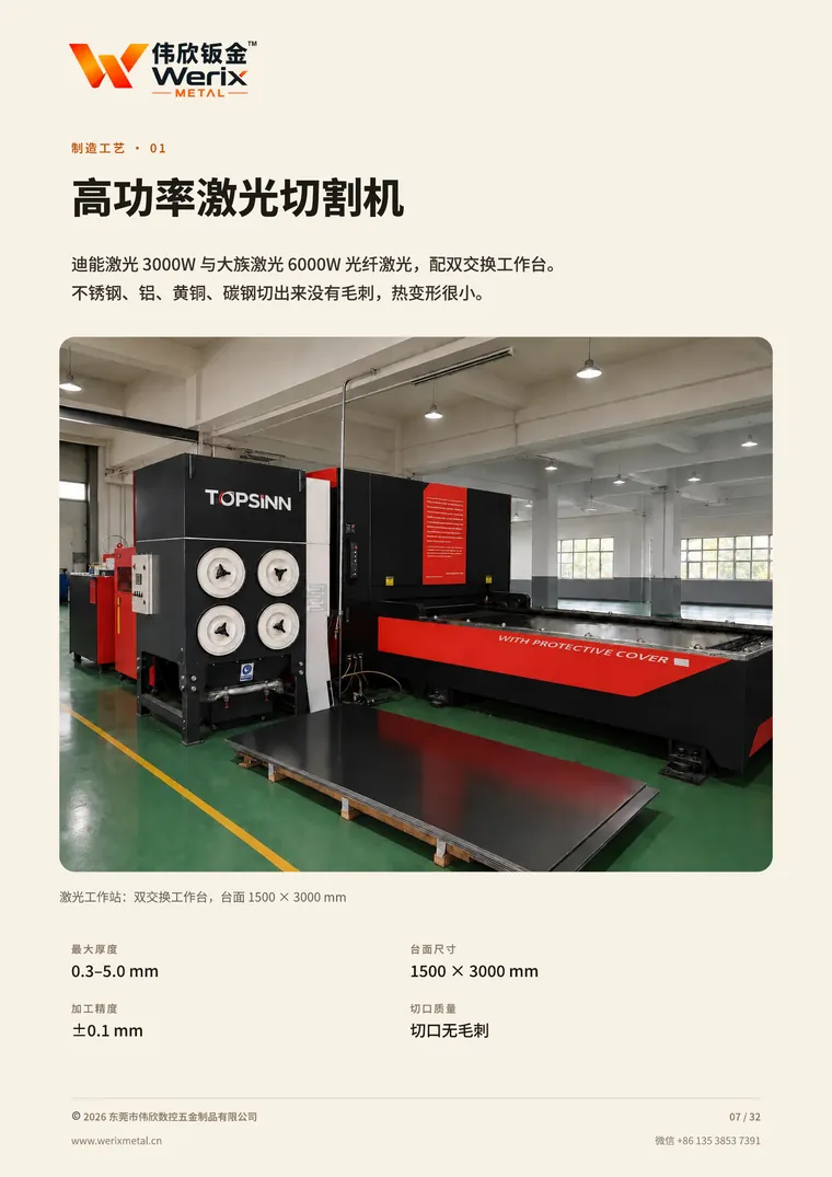 宣传册内页第 7 页:高功率光纤激光切割机,迪能 3000W 与大族 6000W 双机,台面 1500×3000 mm