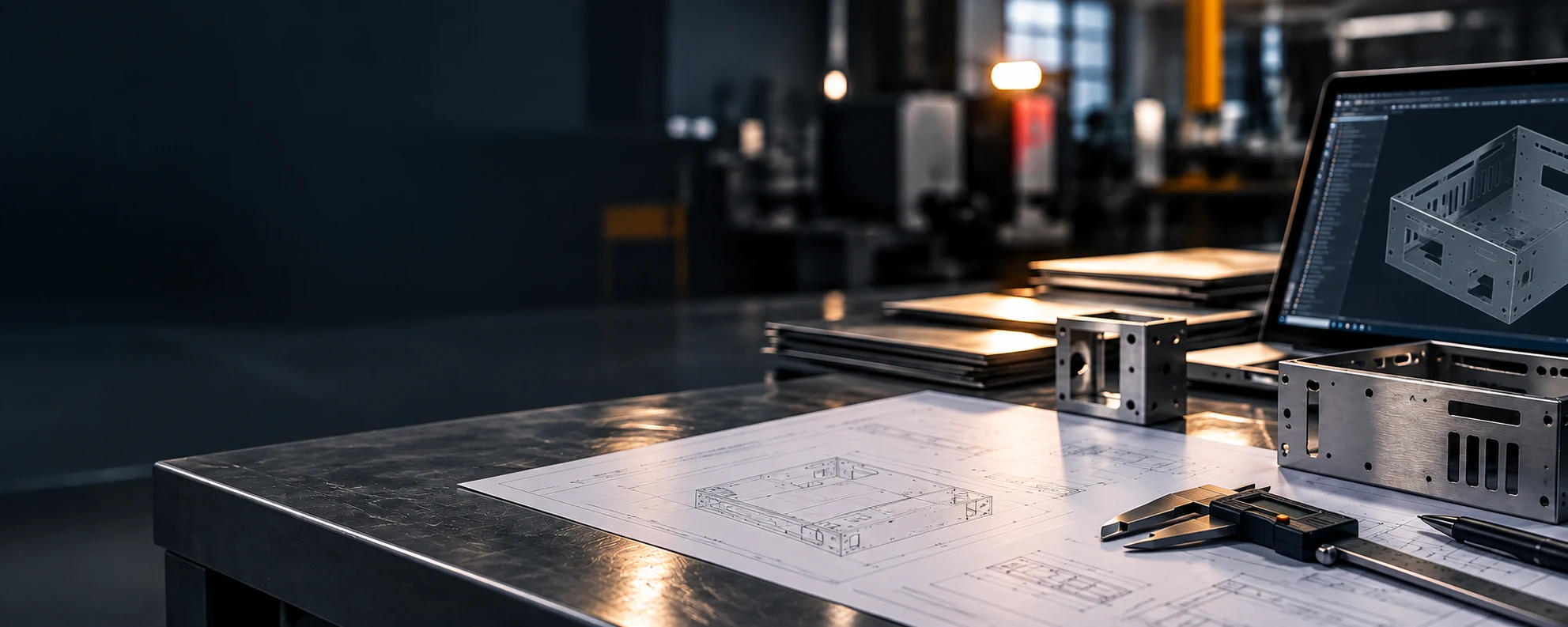 摆着钣金图纸、卡尺、折弯件与 CAD 模型的设计工作台——我们工程师日常参照的资料